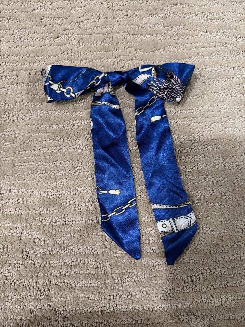 Blue Satin Silk Twilly Scarf With Chain and Belt Print Hair Ribbon Bag Accessory